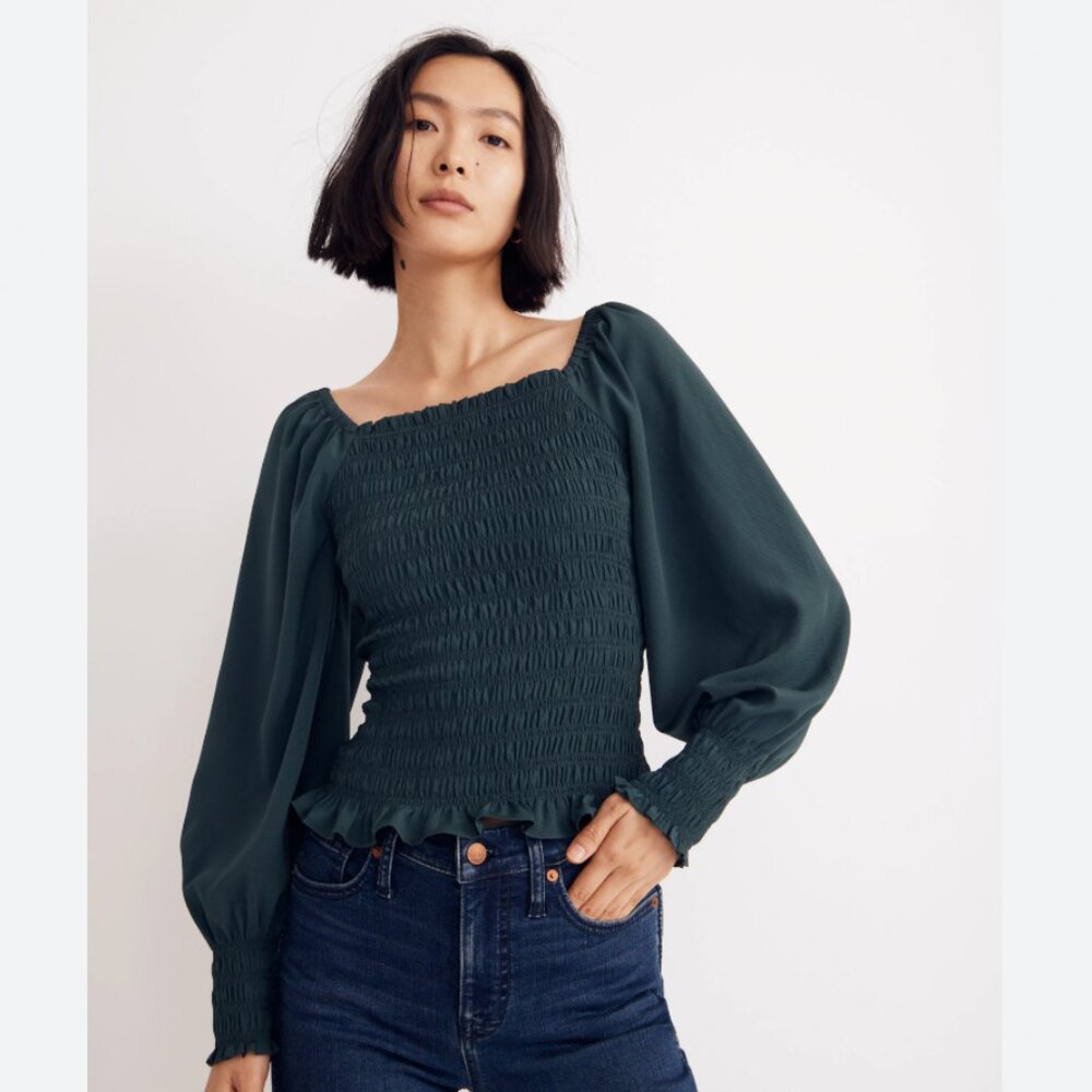 Madewell Lucie Bubble-Sleeve Smocked Top in Dark Palm Witchy Fall Square Neck XL